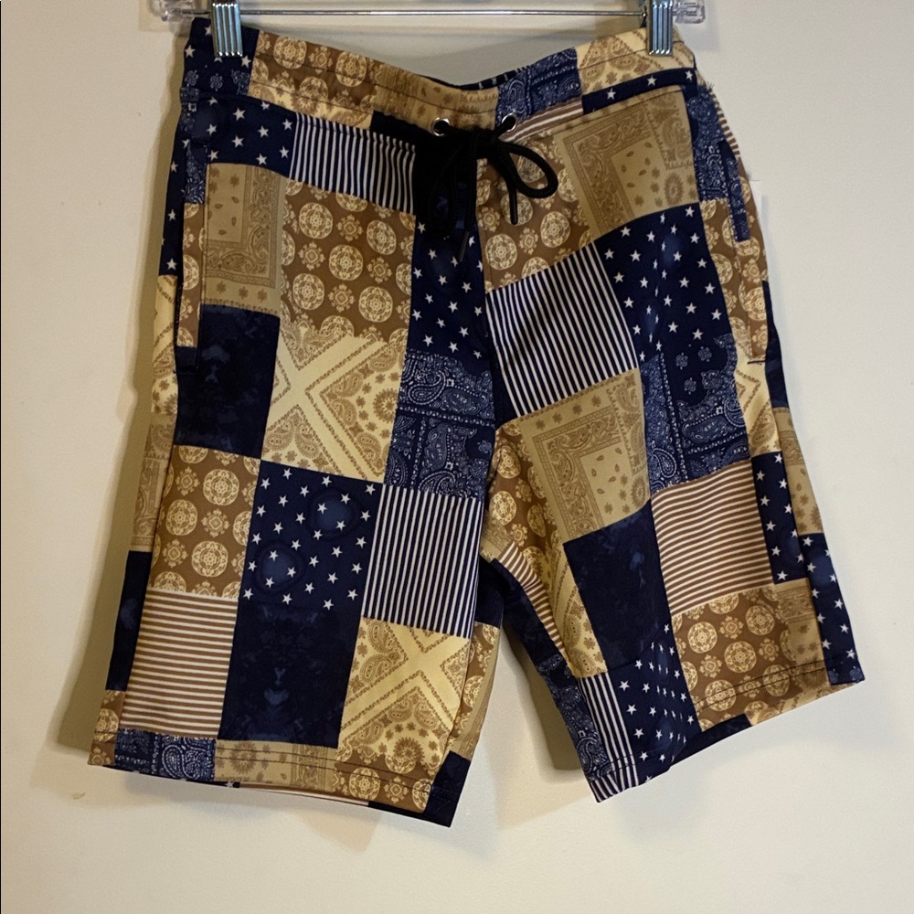 Drill Clothing Company Men's Patchwork Board Shorts in Navy and Tan